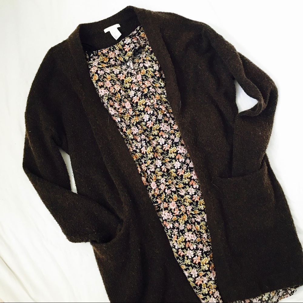 H&M Dark Brown Open-Front Cardigan with Floral Lining